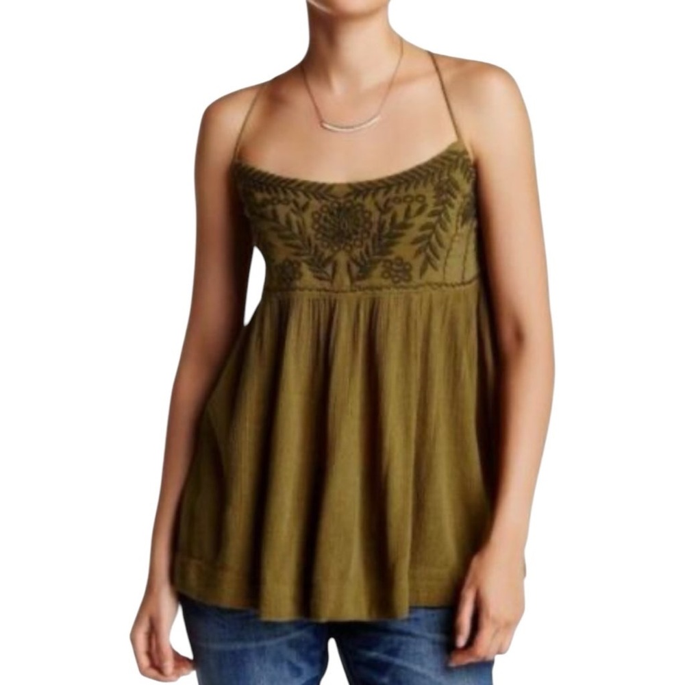 Free People Blackbird Embroidered Olive Women’s Tank Size Small